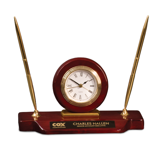 Rosewood Piano Finish Desk Clock Pen Set