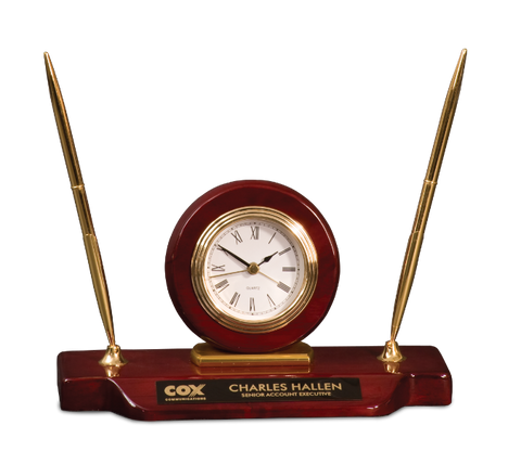 Rosewood Piano Finish Desk Clock Pen Set